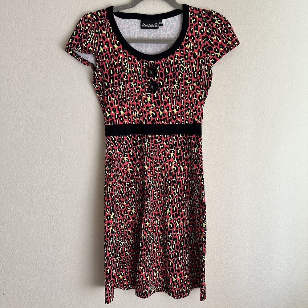 Sourpuss Leopard Print Dress Women XS Pink Yellow Rockabilly Punk‎ Cap Sleeve